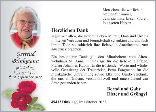 Anzeige von Gertrud Brinkmann von OM-Medien
