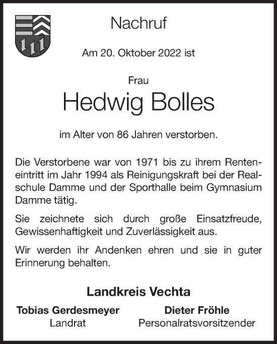 Anzeige von Hedwig Bolles von OM-Medien