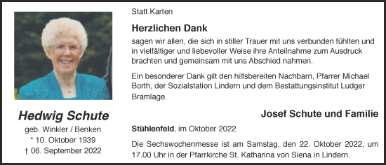 Anzeige von Hedwig Schute von OM-Medien