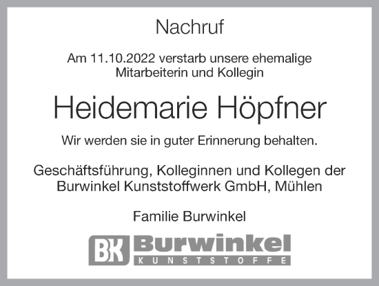 Anzeige von Heidemarie Höpfner von OM-Medien