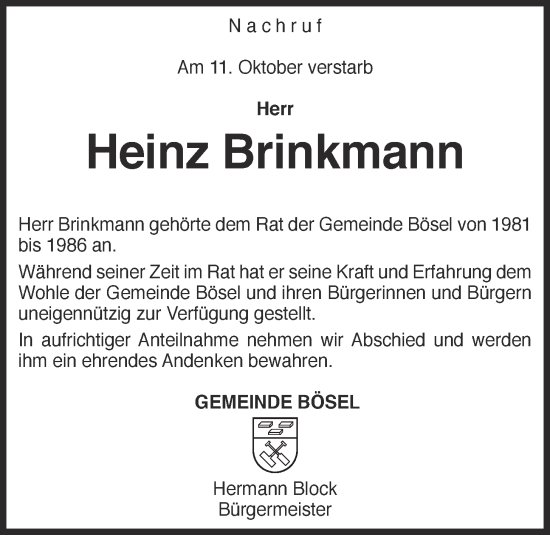 Anzeige von Heinz Brinkmann von OM-Medien