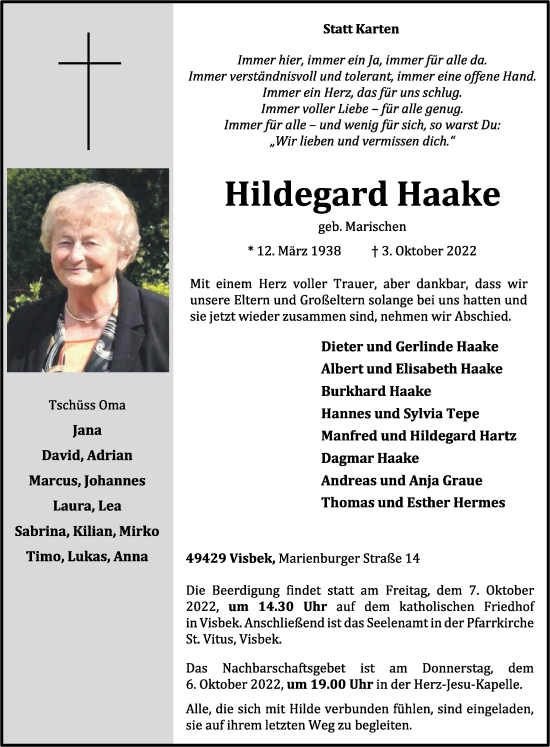 Anzeige von Hildegard Haake von OM-Medien