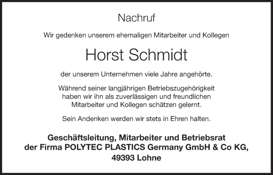 Anzeige von Horst Schmidt von Oldenburgische Volkszeitung