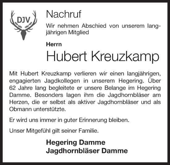 Anzeige von Hubert Kreuzkamp von OM-Medien