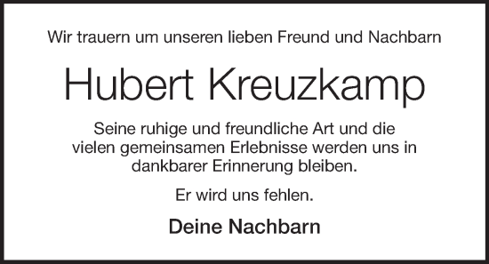 Anzeige von Hubert Kreuzkamp von OM-Medien