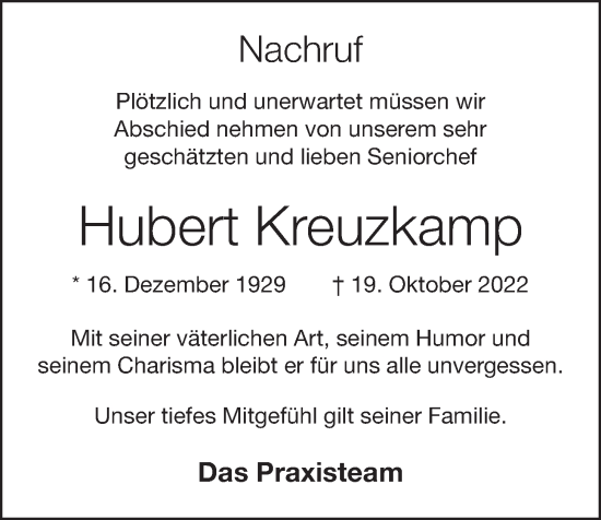 Anzeige von Hubert Kreuzkamp von OM-Medien