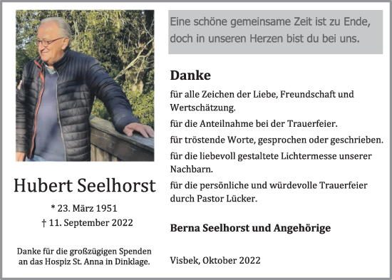 Anzeige von Hubert Seelhorst von OM-Medien