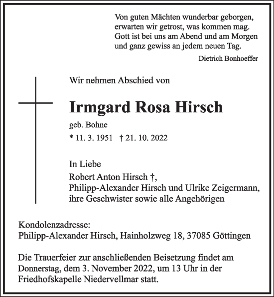 Anzeige von Irmgard Rosa Hirsch von OM-Medien