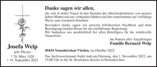 Anzeige von Josefa Welp von OM-Medien