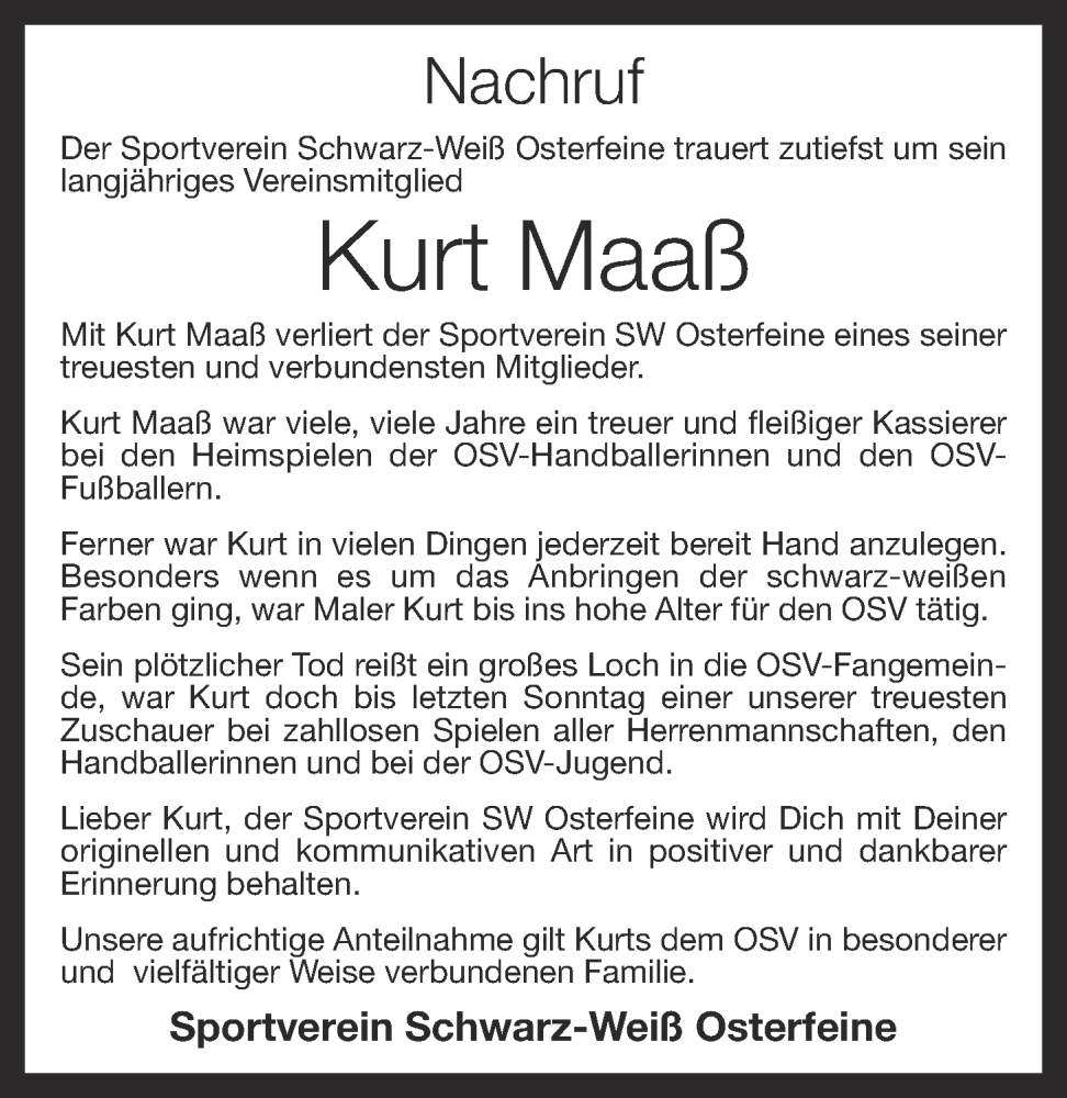  Traueranzeige für Kurt Maaß vom 04.10.2022 aus OM-Medien