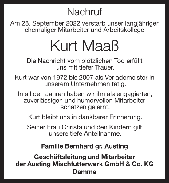Anzeige von Kurt Maaß von Oldenburgische Volkszeitung