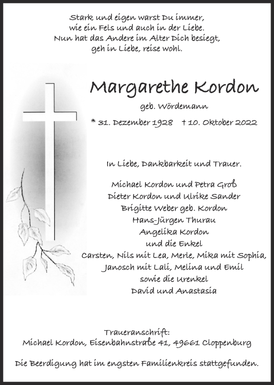Anzeige von Margarethe Kordon von OM-Medien