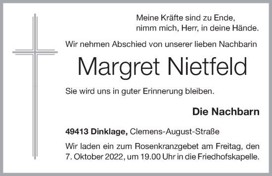 Anzeige von Margret Nietfeld von OM-Medien