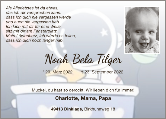 Anzeige von Noah Bela Tilger von Oldenburgische Volkszeitung