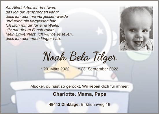 Anzeige von Noah Bela Tilger von OM-Medien