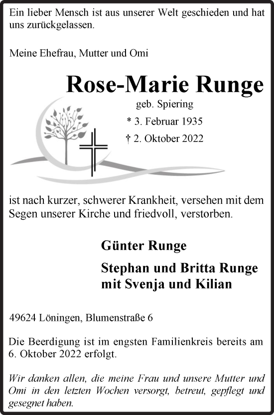 Anzeige von Rose-Marie Runge von OM-Medien