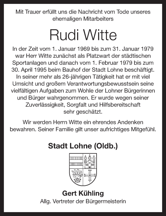 Anzeige von Rudi Witte von Oldenburgische Volkszeitung