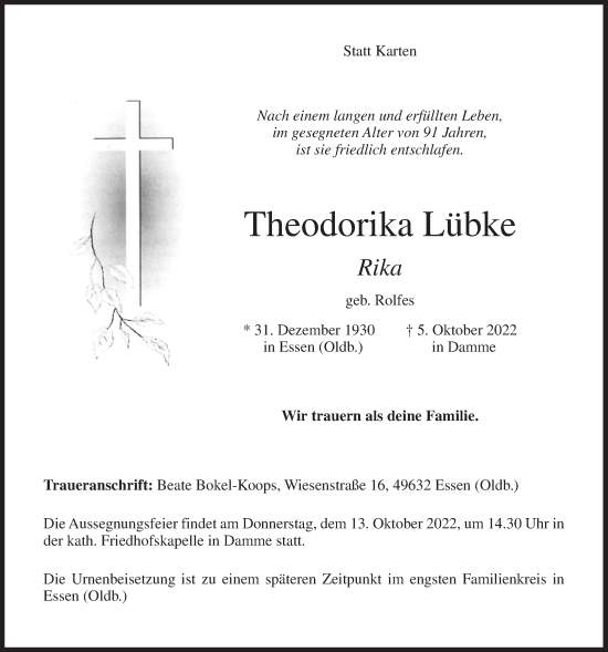 Anzeige von Theodorika Lübke von OM-Medien