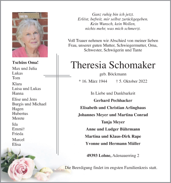 Anzeige von Theresia Schomaker von OM-Medien