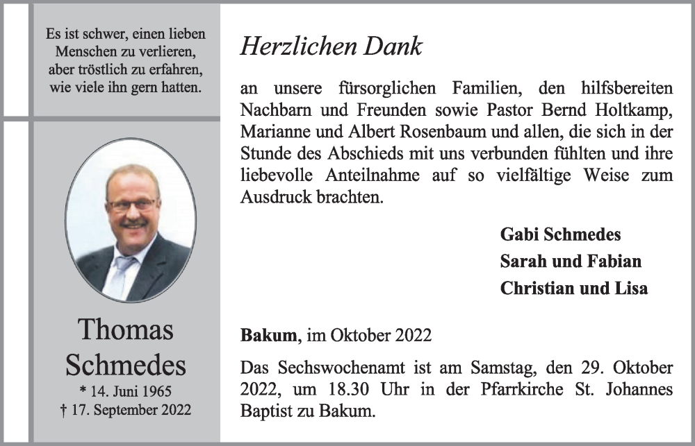  Traueranzeige für Thomas Schmedes vom 28.10.2022 aus OM-Medien