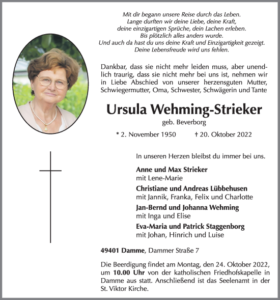 Anzeige von Ursula Wehming-Strieker von OM-Medien