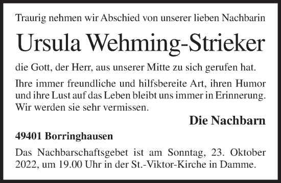 Anzeige von Ursula Wehming-Strieker von OM-Medien