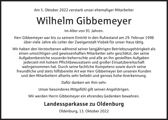 Anzeige von Wilhelm Gibbemeyer von OM-Medien