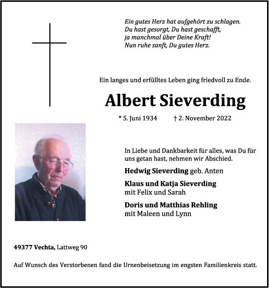 Anzeige von Albert Sieverding von OM-Medien