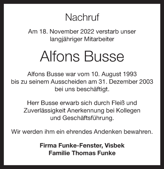 Anzeige von Alfons Busse von OM-Medien