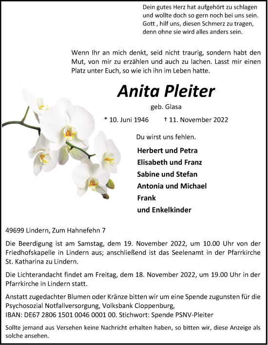Anzeige von Anita Pleiter von OM-Medien