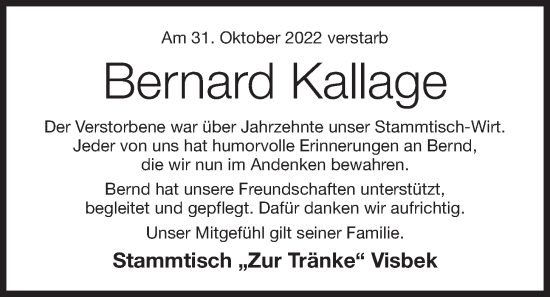 Anzeige von Bernard Kallage von OM-Medien