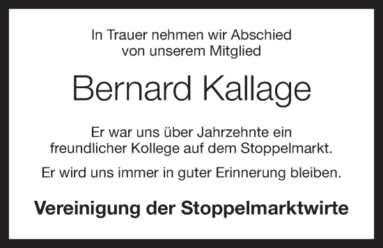 Anzeige von Bernard Kallage von OM-Medien