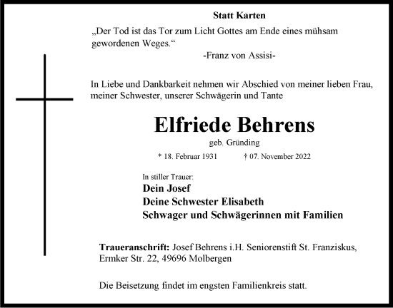 Anzeige von Elfriede Behrens von OM-Medien