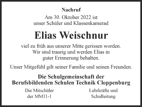 Anzeige von Elias Weischnur von OM-Medien