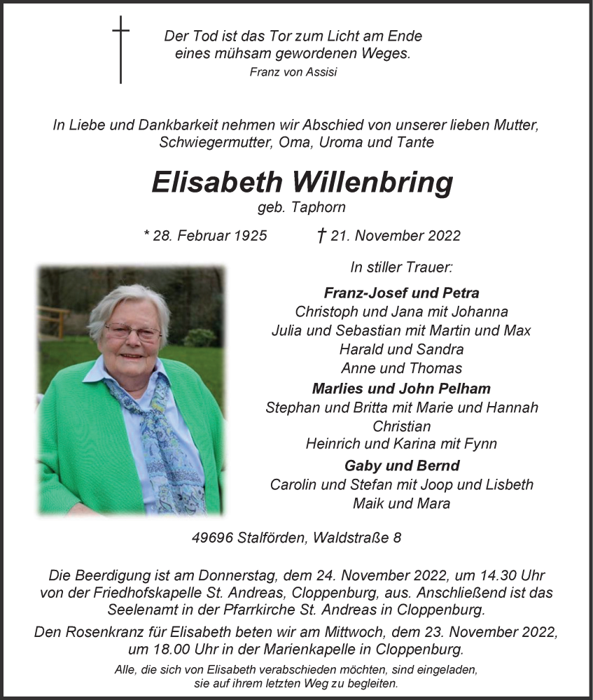  Traueranzeige für Elisabeth Willenbring vom 23.11.2022 aus OM-Medien