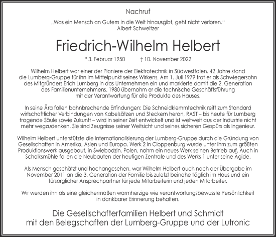 Anzeige von Friedrich-Wilhelm Helbert von OM-Medien