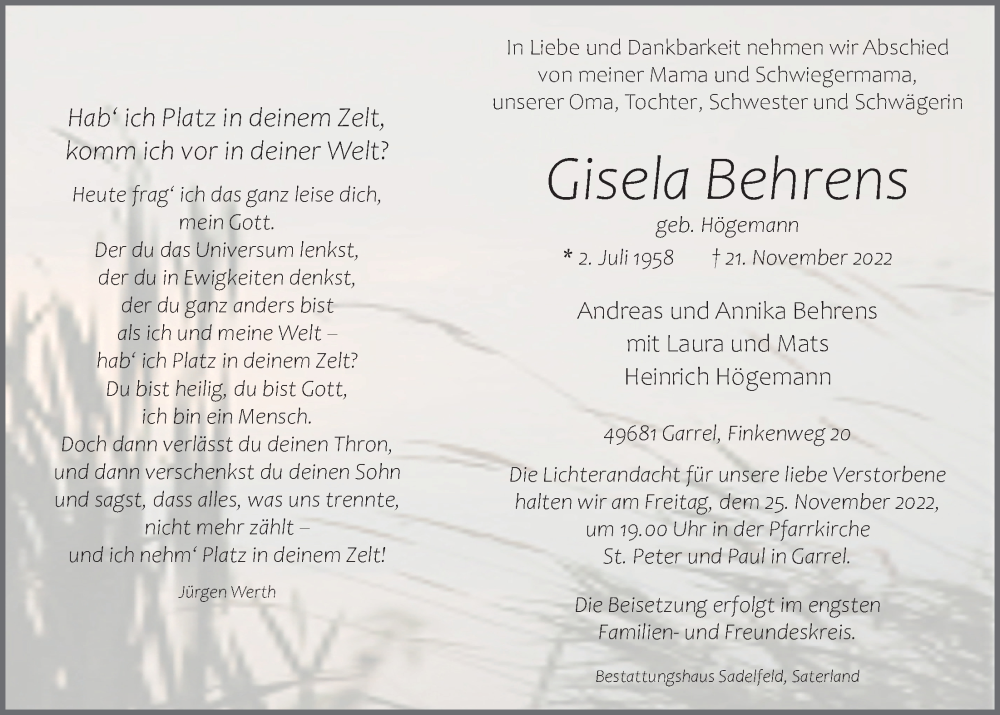  Traueranzeige für Gisela Behrens vom 24.11.2022 aus OM-Medien