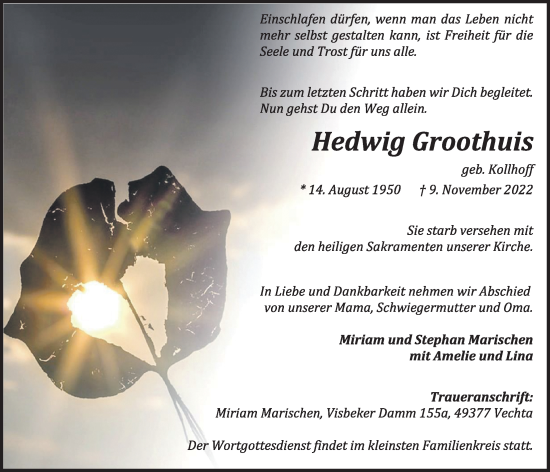 Anzeige von Hedwig Groothuis von OM-Medien