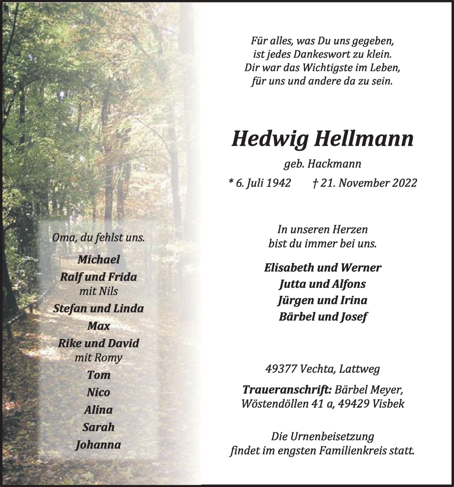  Traueranzeige für Hedwig Hellmann vom 24.11.2022 aus OM-Medien