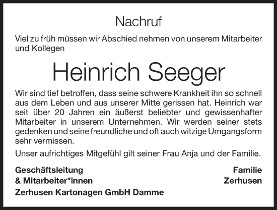 Anzeige von Heinrich Seeger von OM-Medien