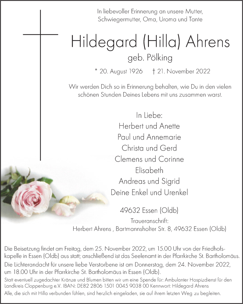  Traueranzeige für Hildegard Ahrens vom 23.11.2022 aus OM-Medien