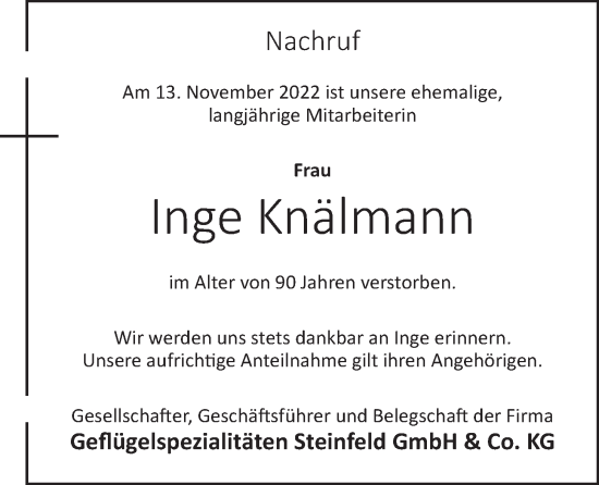 Anzeige von Inge Knälmann von OM-Medien