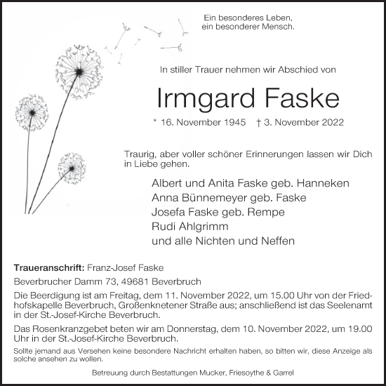 Anzeige von Irmgard Faske von OM-Medien