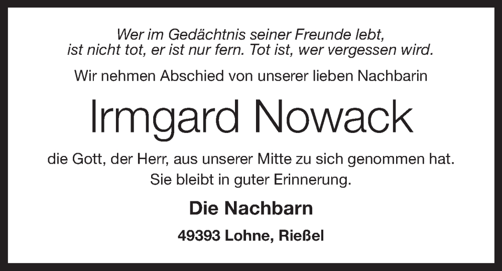  Traueranzeige für Irmgard Nowack vom 25.11.2022 aus OM-Medien