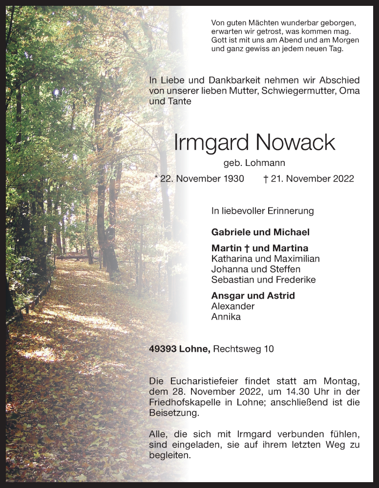  Traueranzeige für Irmgard Nowack vom 23.11.2022 aus OM-Medien