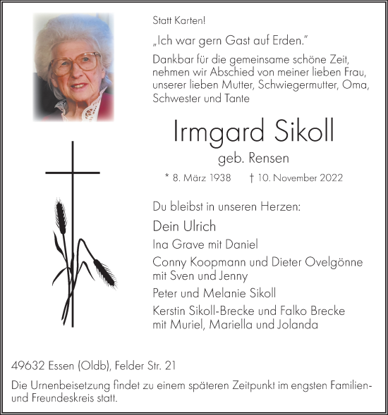 Anzeige von Irmgard Sikoll von OM-Medien