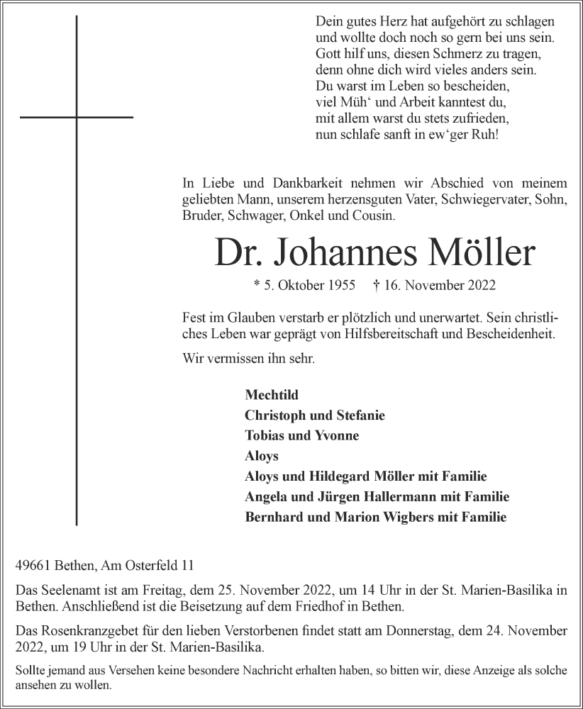  Traueranzeige für Johannes Möller vom 23.11.2022 aus OM-Medien