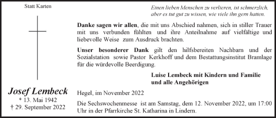 Anzeige von Josef Lembeck von OM-Medien