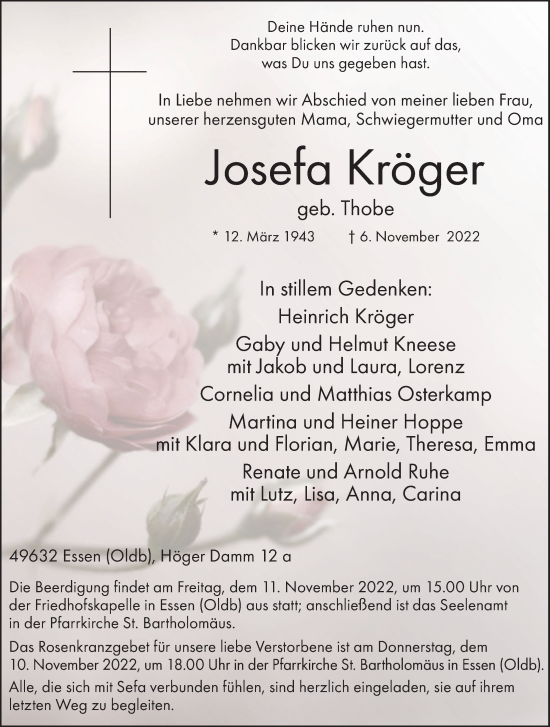 Anzeige von Josefa Kröger von OM-Medien