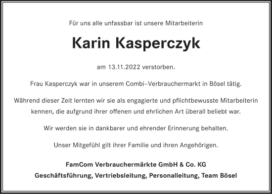 Anzeige von Karin Kasperczyk von OM-Medien